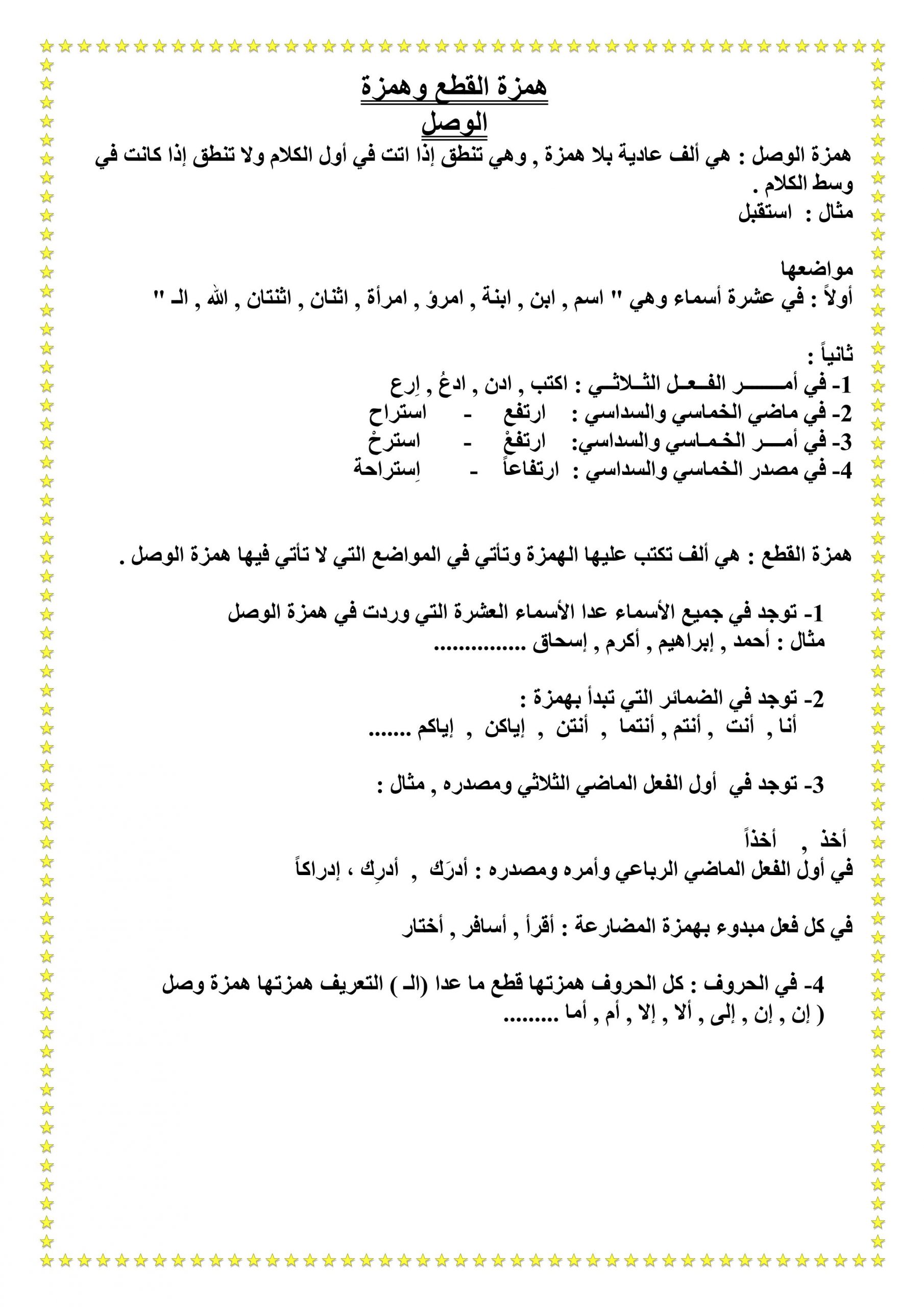 مذكرة همزة القطع وهمزة الوصل للصف الثالث مادة اللغة العربية ملفاتي