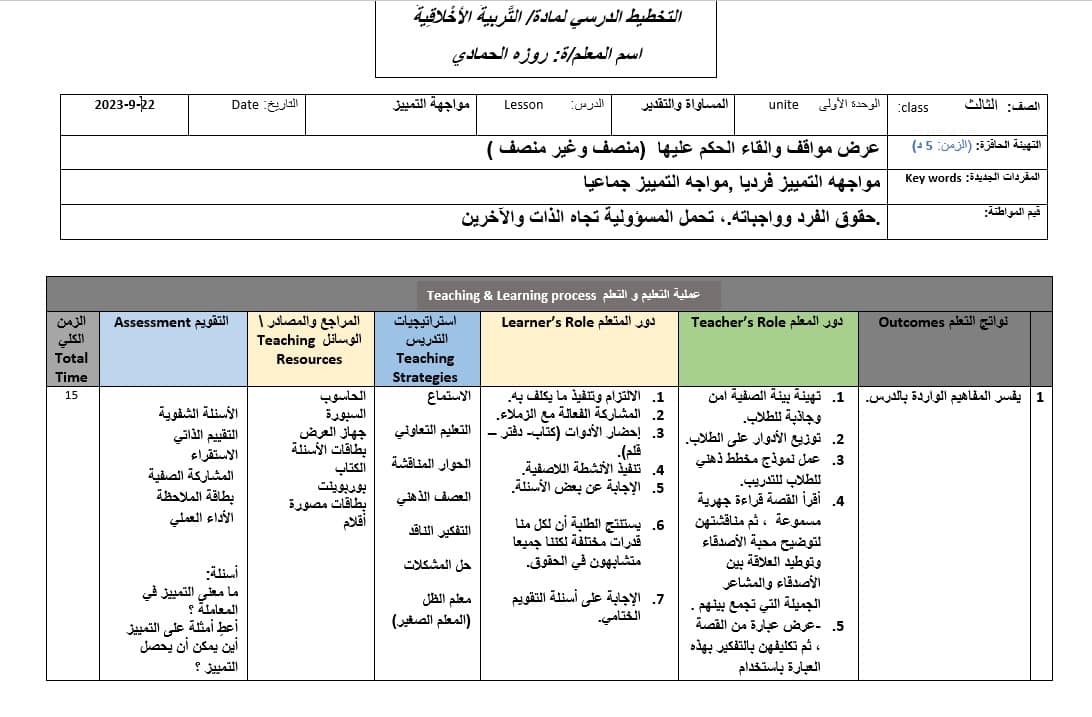 الخطة الدرسية اليومية مواجهة التمييز التربية الأخلاقية الصف الثالث