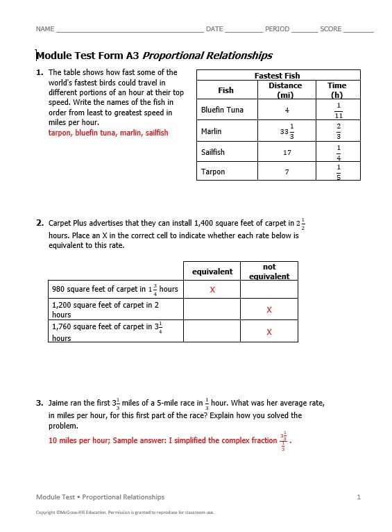 حل أوراق عمل Proportional Relationships الرياضيات المتكاملة الصف السابع