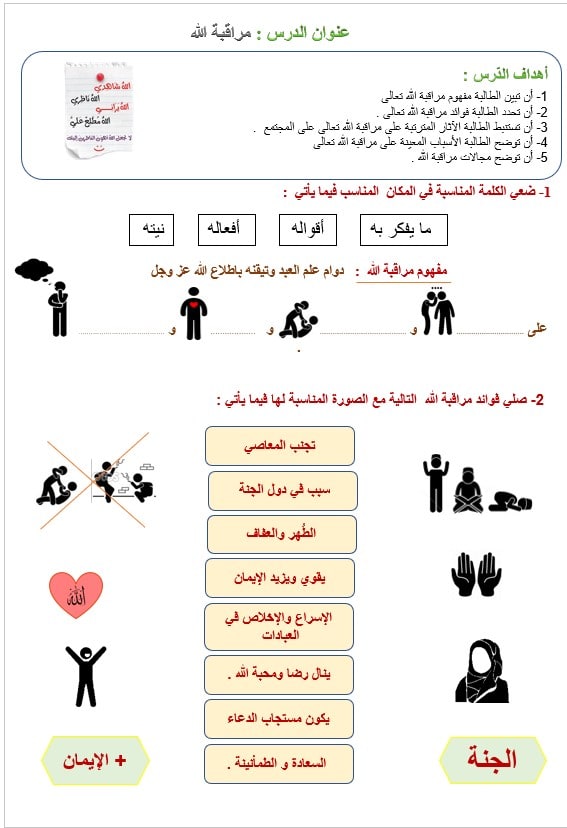 ورقة عمل مراقبة الله التربية الإسلامية الصف السابع