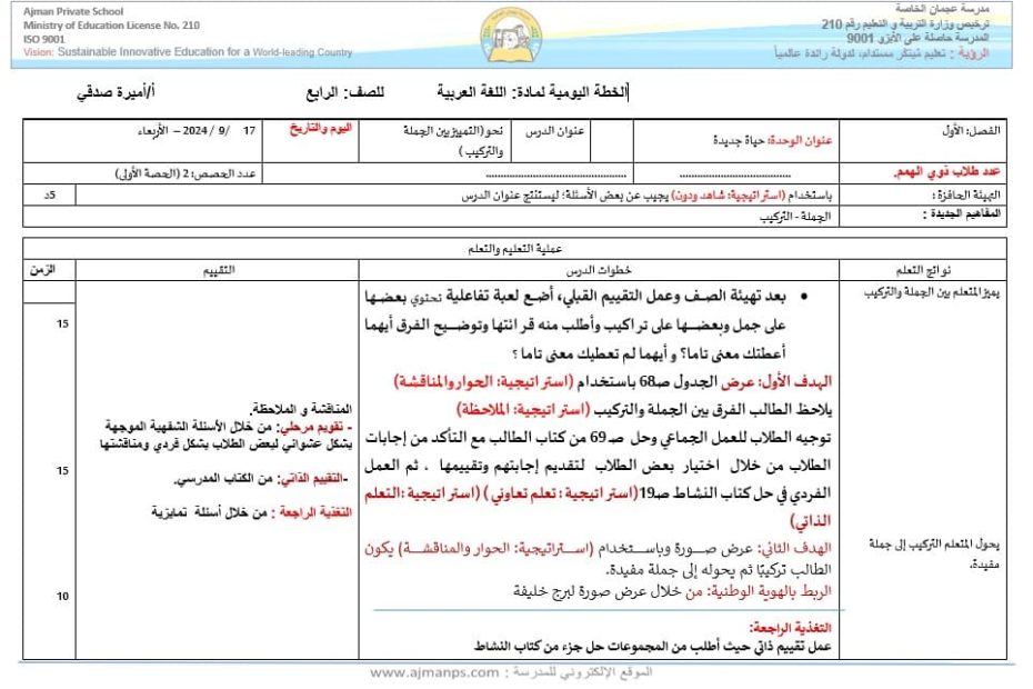 الخطة الدرسية اليومية التمييز بين الجملة والتركيب اللغة العربية الصف الرابع