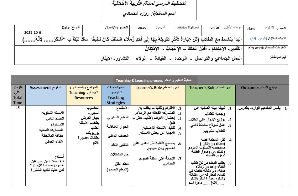 الخطة الدرسية اليومية التقدير والامتنان التربية الأخلاقية الصف الثالث