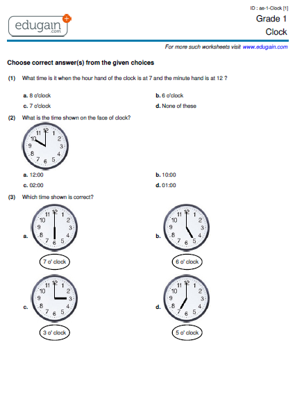 الرياضيات المتكاملة أوراق عمل Clock بالإنجليزي للصف الأول مع