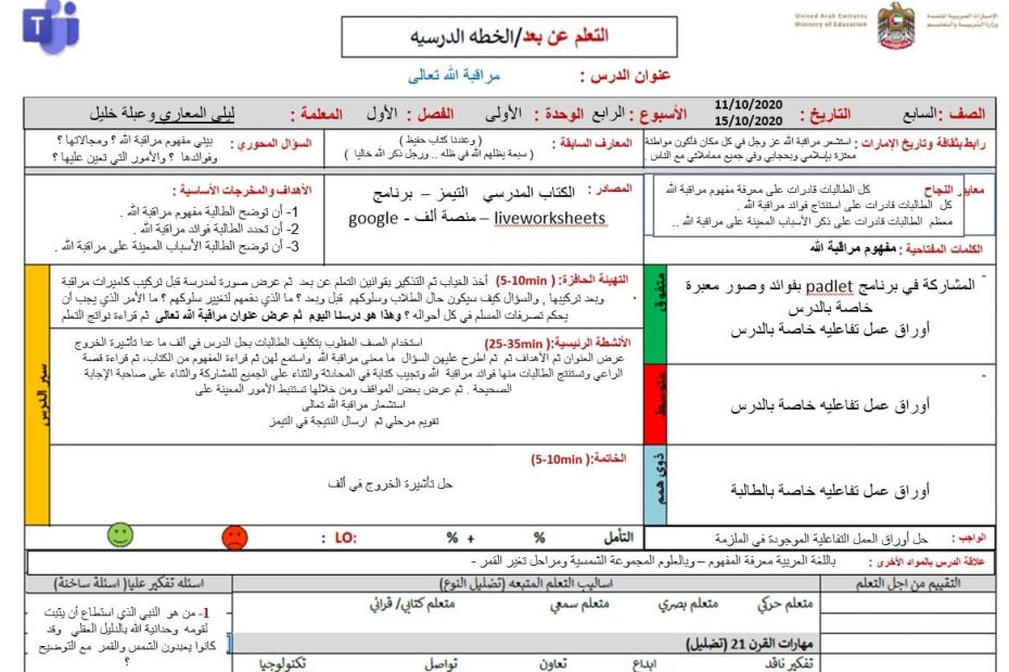 الخطة الدرسية اليومية مراقبة الله التربية الإسلامية الصف السابع