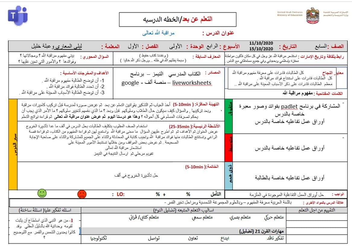 الخطة الدرسية اليومية مراقبة الله التربية الإسلامية الصف السابع