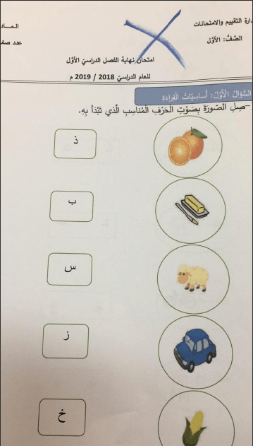 امتحان نهاية الفصل اللغة العربية الصف الأول الفصل الدراسي الأول