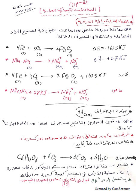 الكيمياء ملخص المعادلات الكيميائية الحرارية للصف الثاني عشر ملفاتي