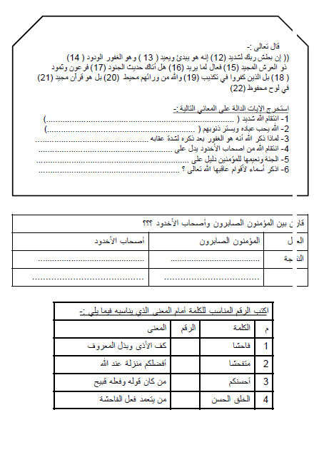 اوراق عمل متنوعة ومراجعة عامة الصف الرابع مادة التربية الاسلامية