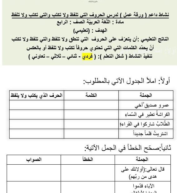 ورقة عمل الحروف التي تلفظ ولا تكتيب والتي تكتب ولا تلفظ اللغة العربية الصف الرابع