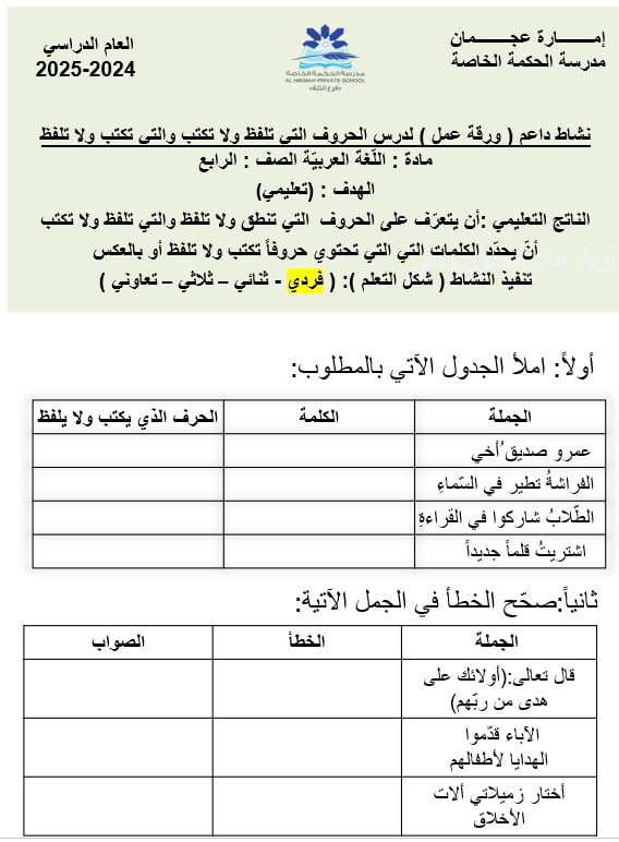 ورقة عمل الحروف التي تلفظ ولا تكتيب والتي تكتب ولا تلفظ اللغة العربية الصف الرابع 