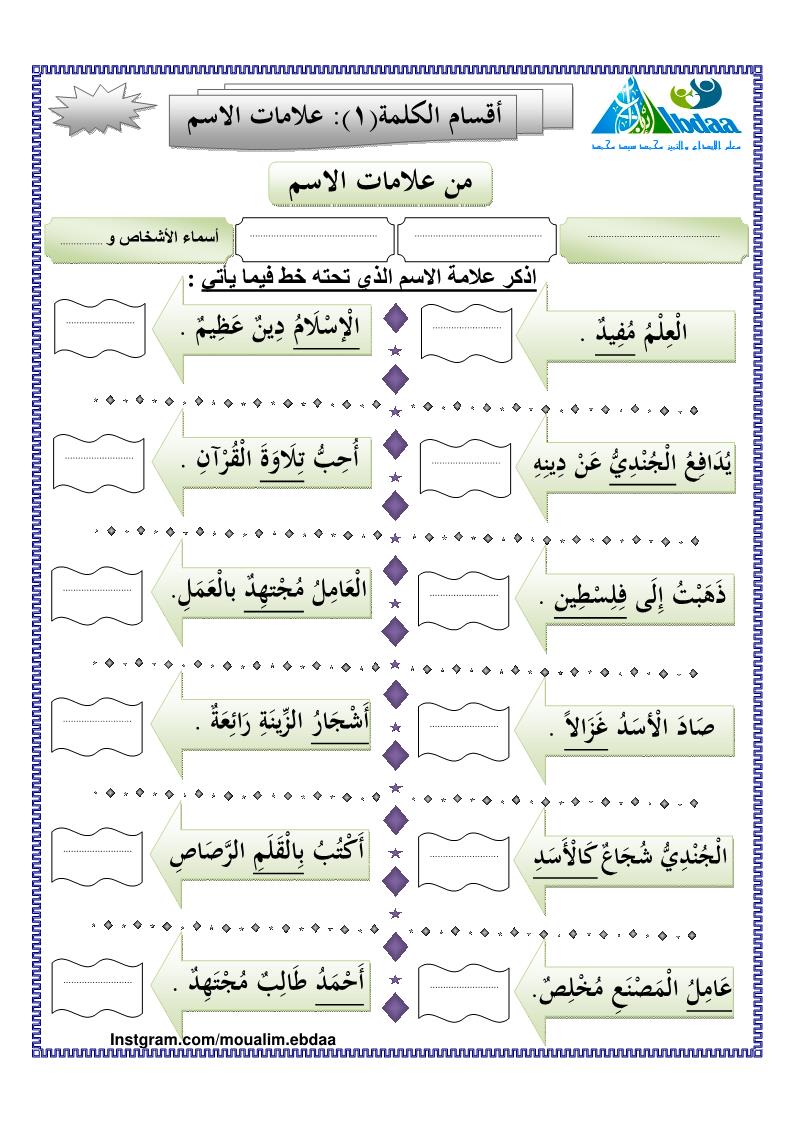 اللغة العربية أوراق عمل (أقسام الكلام) للصف الثالث ملفاتي