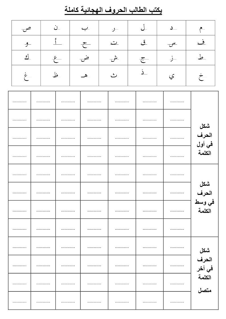 اللغة العربية ورقة عمل (الحروف الهجائية) للصف الأول ملفاتي