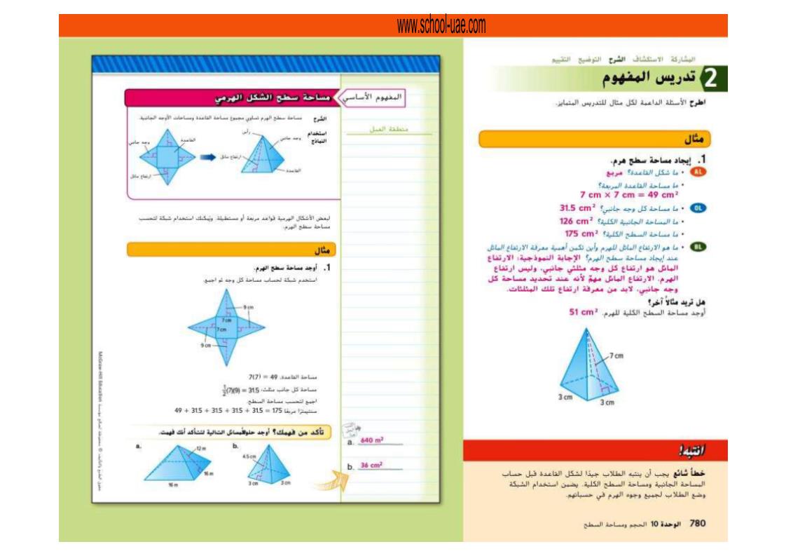 الرياضيات المتكاملة درس مساحة سطح الأشكال الهرمية للصف السادس مع الإجابات ملفاتي