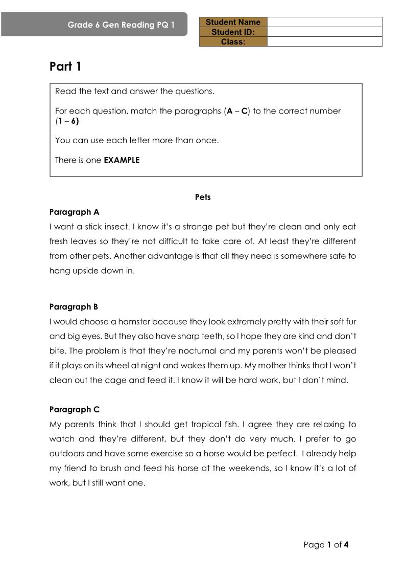 اللغة الإنجليزية أوراق عمل Reading PQ 1 للصف السادس