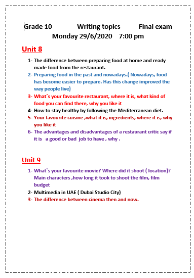 اللغة الإنجليزية Writing topics للصف العاشر