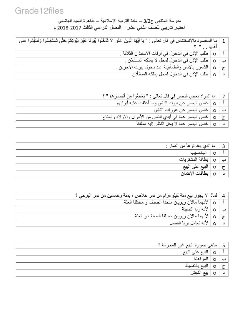 التربية الإسلامية أوراق عمل اختيار من متعدد للصف الثاني عشر