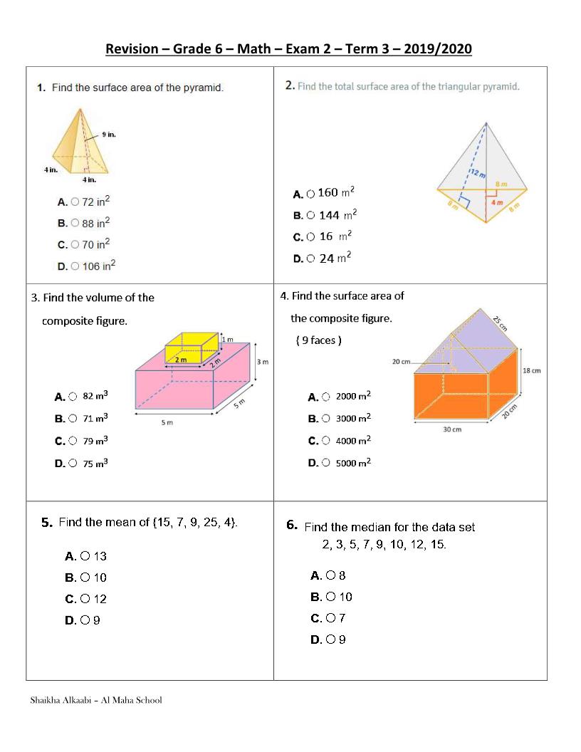 الرياضيات المتكاملة أوراق عمل بالإنجليزي للصف السادس مع الإجابات