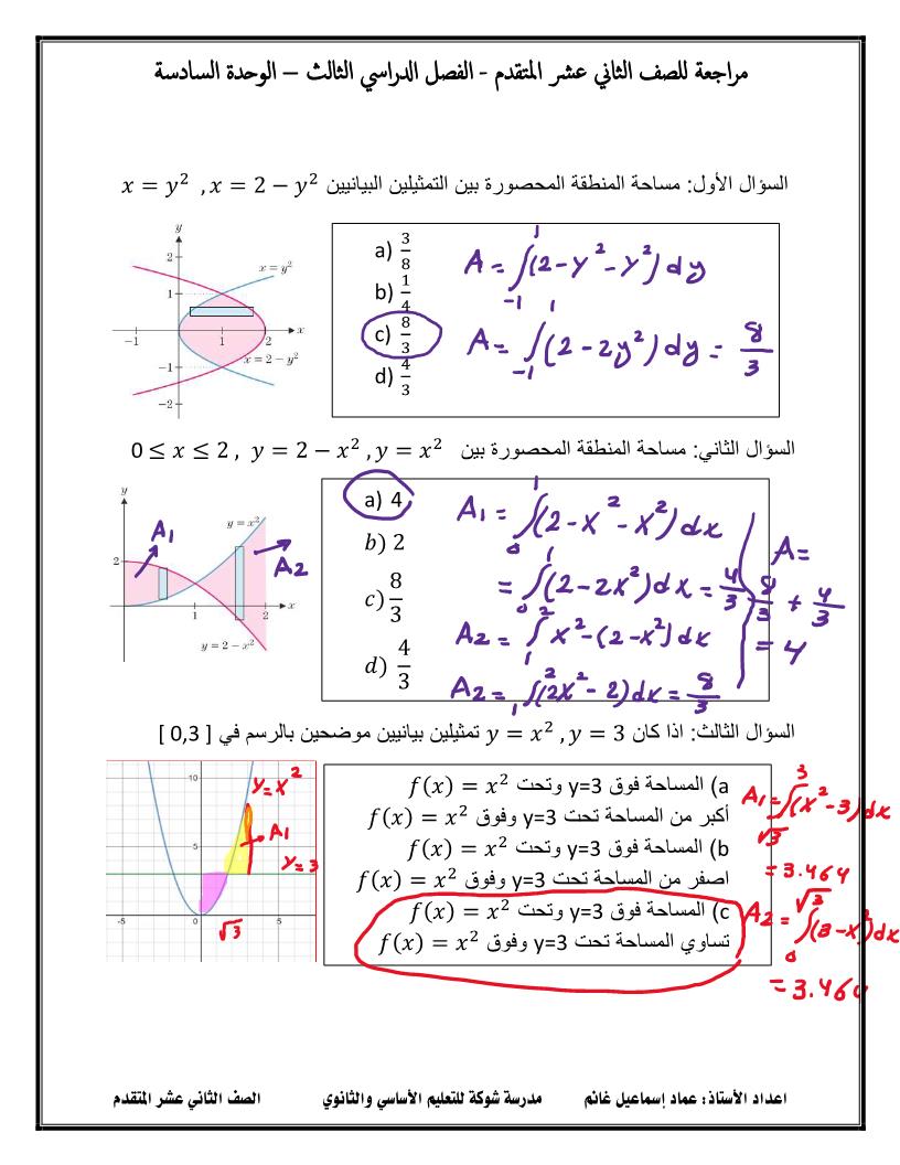 الرياضيات المتكاملة أوراق عمل الوحدة السادسة للصف الثاني عشر مع الإجابات