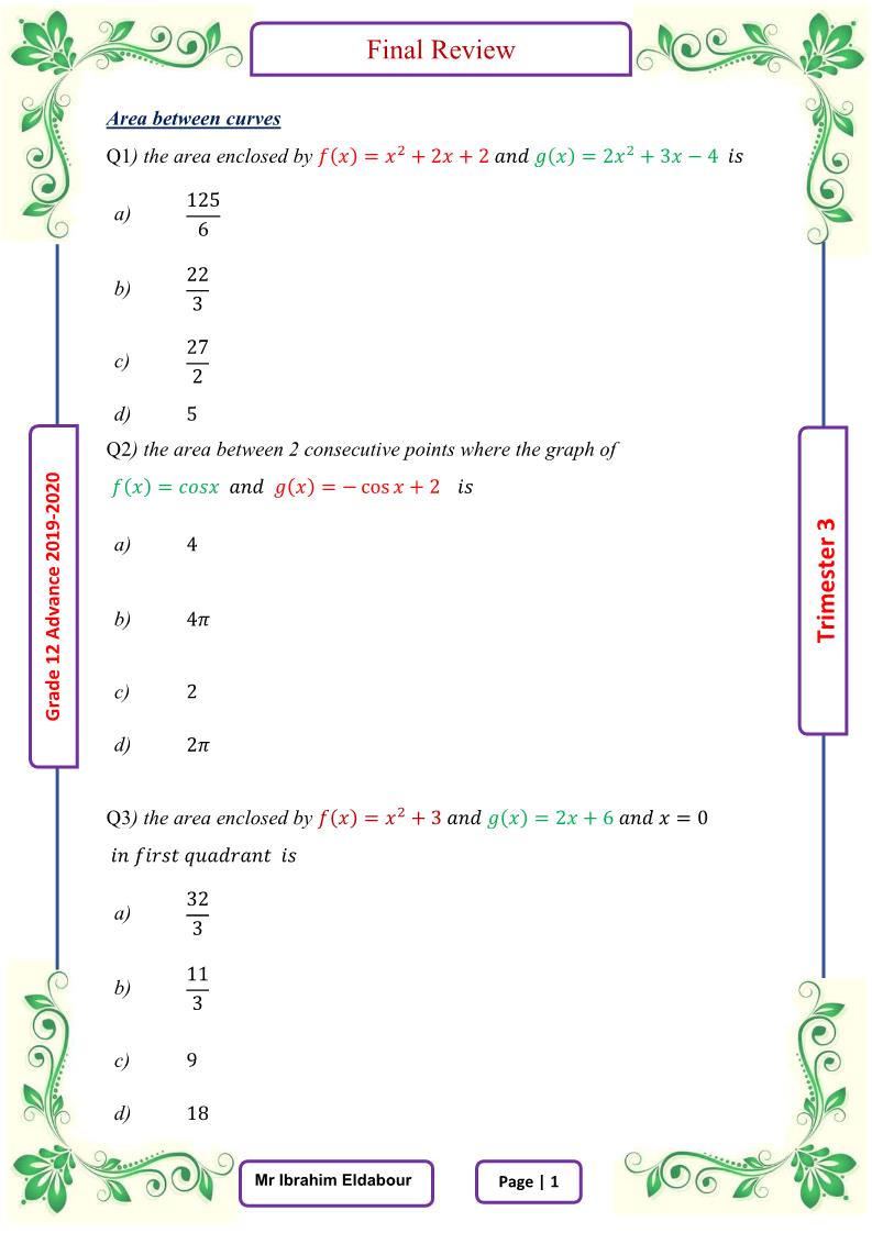 الرياضيات المتكاملة أوراق عمل بالإنجليزي للصف الثاني عشر