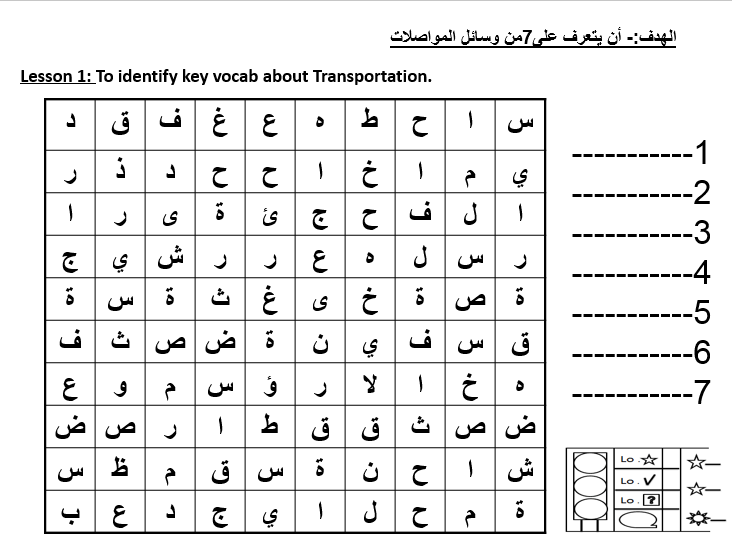 اللغة العربية بوربوينت ورقة عمل درس (وسائل المواصلات) لغير الناطقين بها للصف الثالث