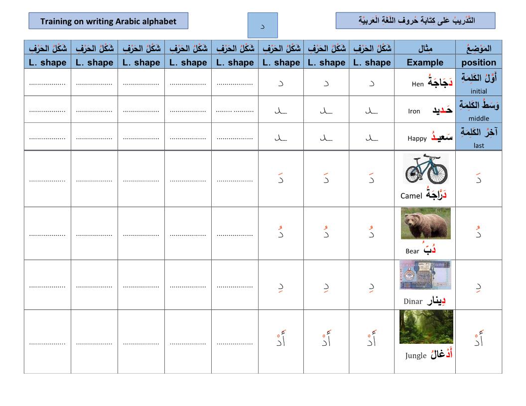 اللغة العربية ورقة عمل حرف الدال والذال والراء والزاي لغير الناطقين بها للصف الأول