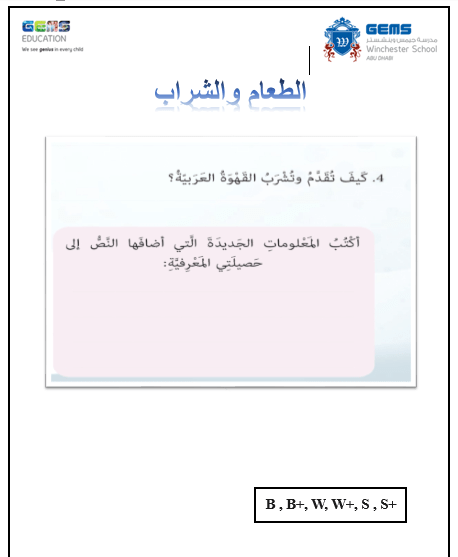 اللغة العربية ورقة عمل الطعام والشراب لغير الناطقين بها للصف الثامن