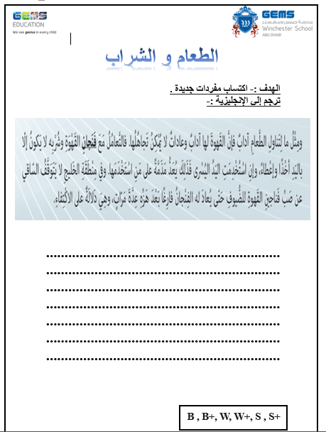 اللغة العربية ورقة عمل الطعام والشراب لغير الناطقين بها للصف الثامن