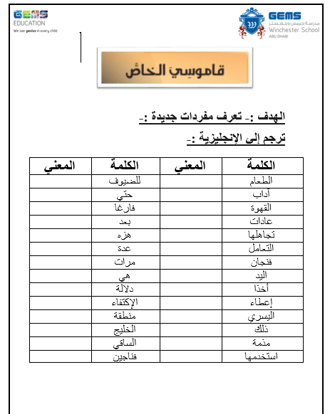 اللغة العربية ورقة عمل مفردات الطعام والشراب لغير الناطقين بها للصف الثامن