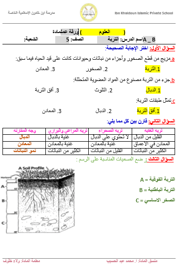 العلوم المتكاملة ورقة عمل التربة للصف الخامس