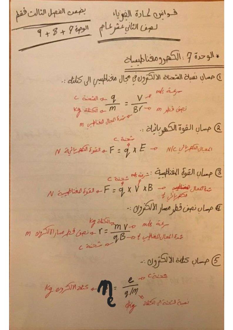 الفيزياء قوانين الوحدة السابعة والثامنة والتاسعة للصف الثاني عشر عام