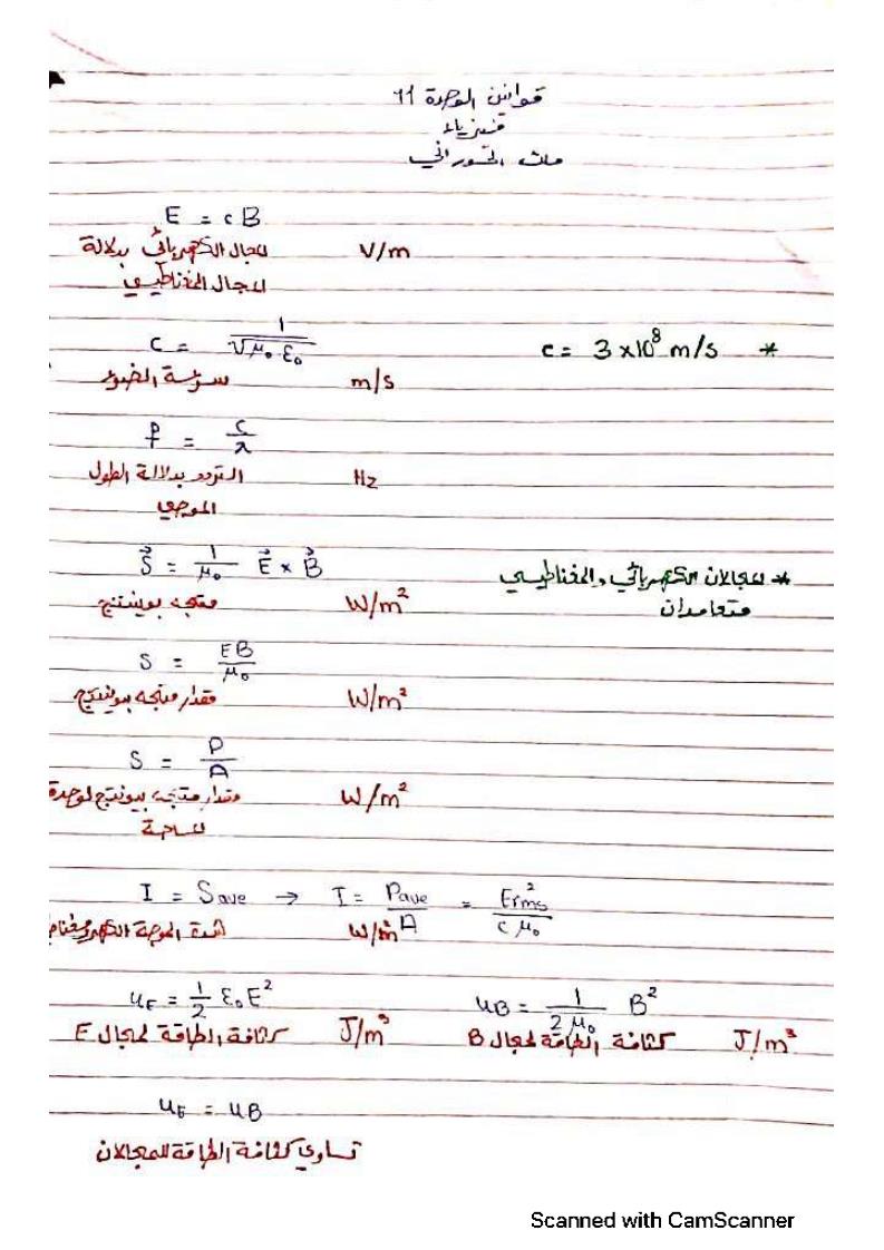 الفيزياء قوانين الوحدة الحادية عشر للصف الثاني عشر