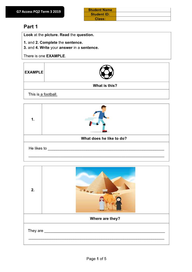 اللغة الإنجليزية ورقة عمل Access PQ2 للصف السابع