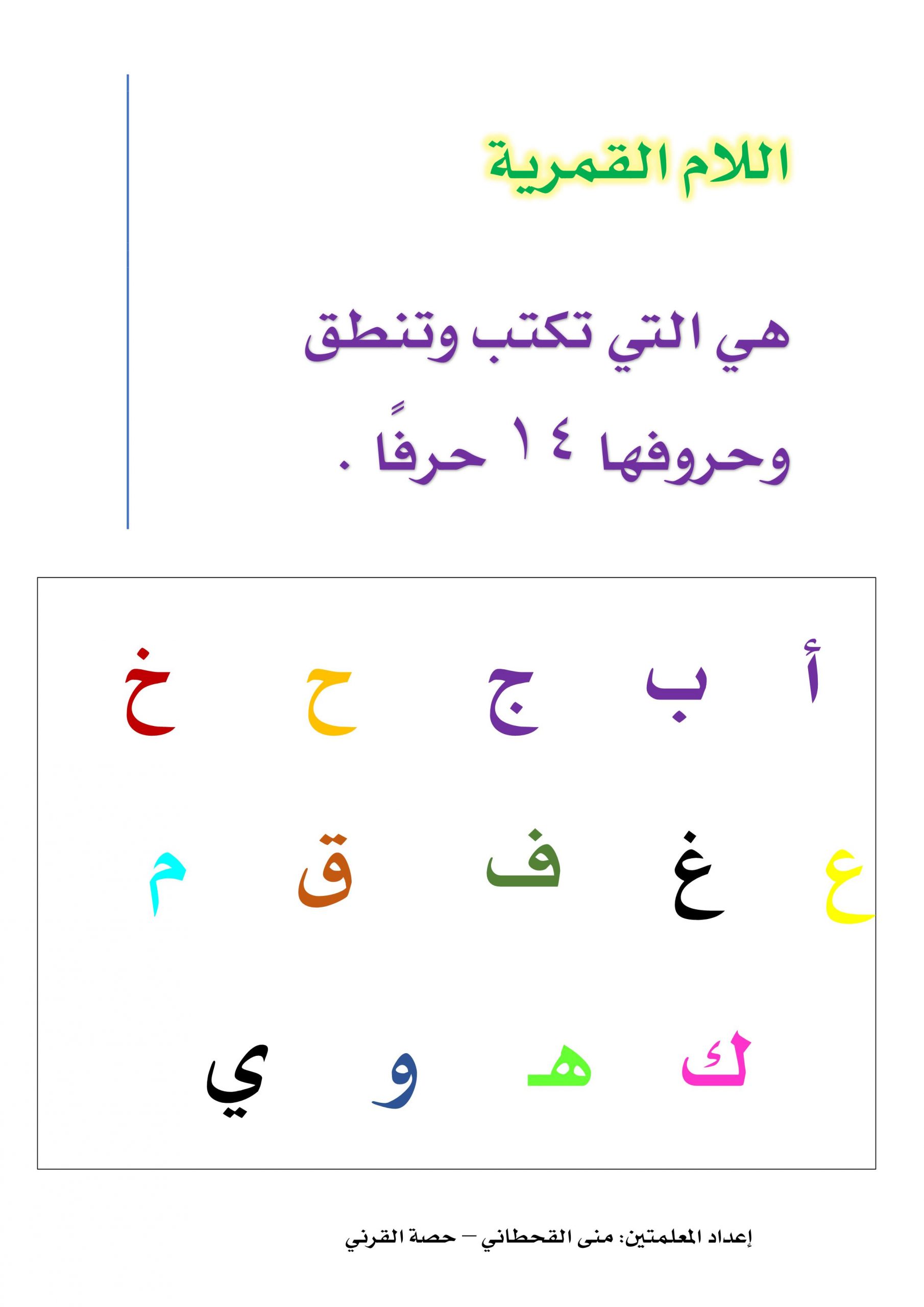 شرح كلمات اللام القمرية للصف الاول والثاني مادة اللغة العربية