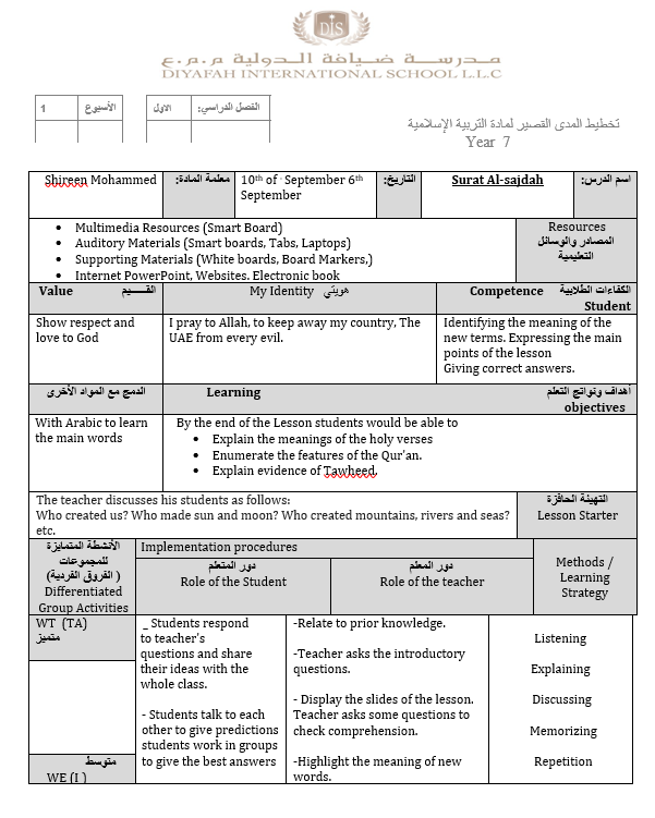 الخطة الدرسية اليومية سورة السجدة لغير الناطقين باللغة العربية للصف السادس مادة التربية الاسلامية