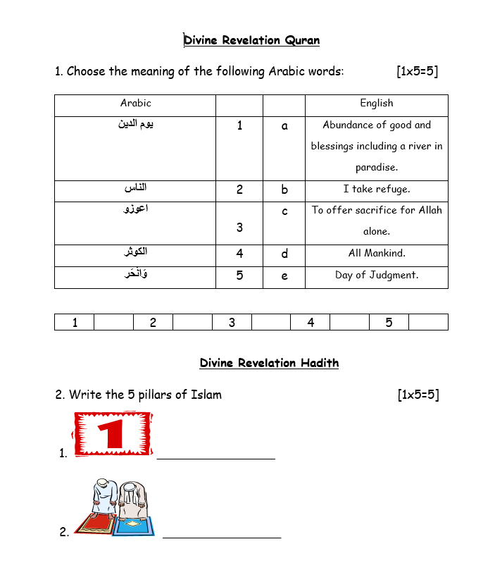 ورقة عمل متنوعة لغير الناطقين باللغة العربية للصف الثاني مادة التربية الاسلامية