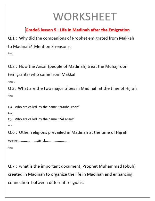 ورقة عمل Life in Madinah after the Emigration لغير الناطقين باللغة العربية للصف السادس مادة التربية الاسلامية