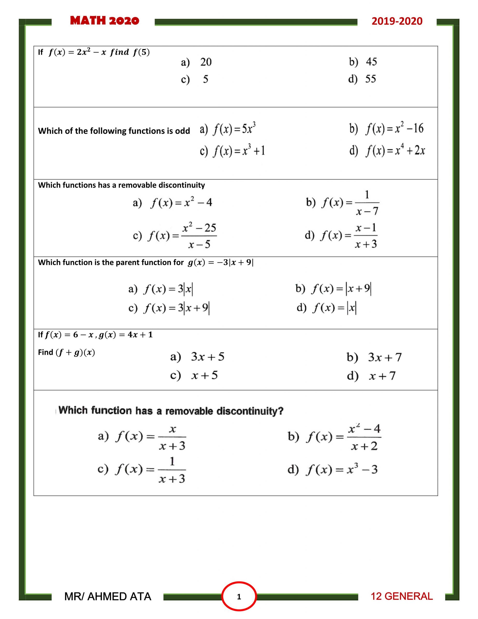 مراجعة نهائية اوراق عمل للصف الثاني عشر عام مادة الرياضيات المتكاملة