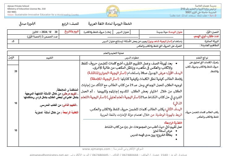 الخطة الدرسية اليومية حروف تلفظ ولاتكتب اللغة العربية الصف الرابع