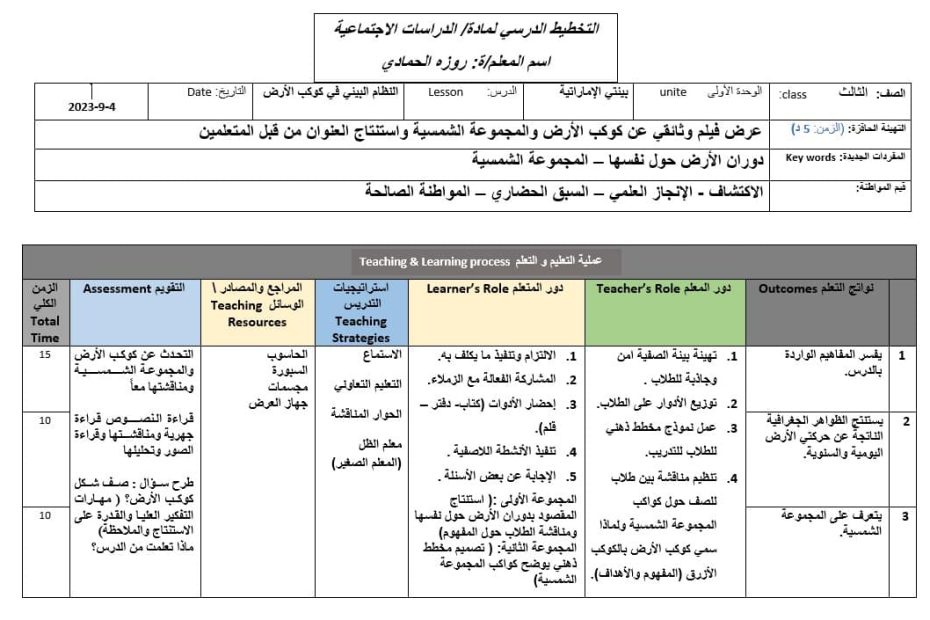 الخطة الدرسية اليومية النظام البيئي الدراسات الإجتماعية والتربية الوطنية الصف الثالث