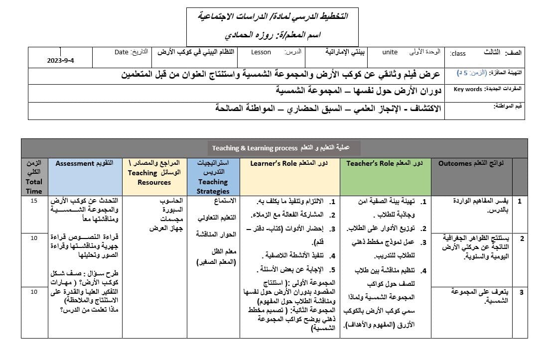 الخطة الدرسية اليومية النظام البيئي الدراسات الإجتماعية والتربية الوطنية الصف الثالث