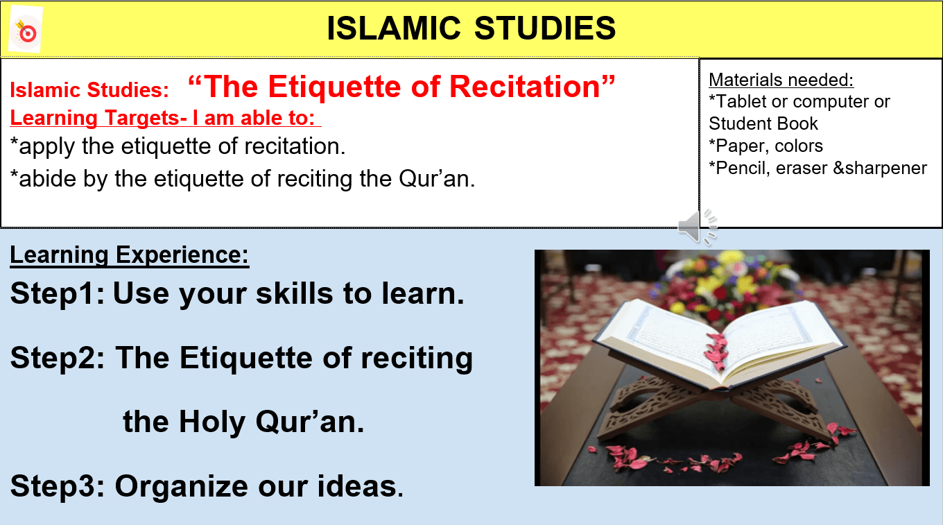 بوربوينت The Etiquette of Recitation لغير الناطقين باللغة العربية للصف الثالث مادة التربية الاسلامية 