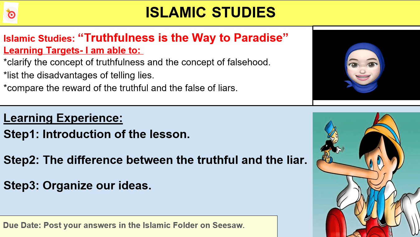 بوربوينت Truthfulness is the Way to Paradise لغير الناطقين باللغة العربية للصف الاول مادة التربية الاسلامية