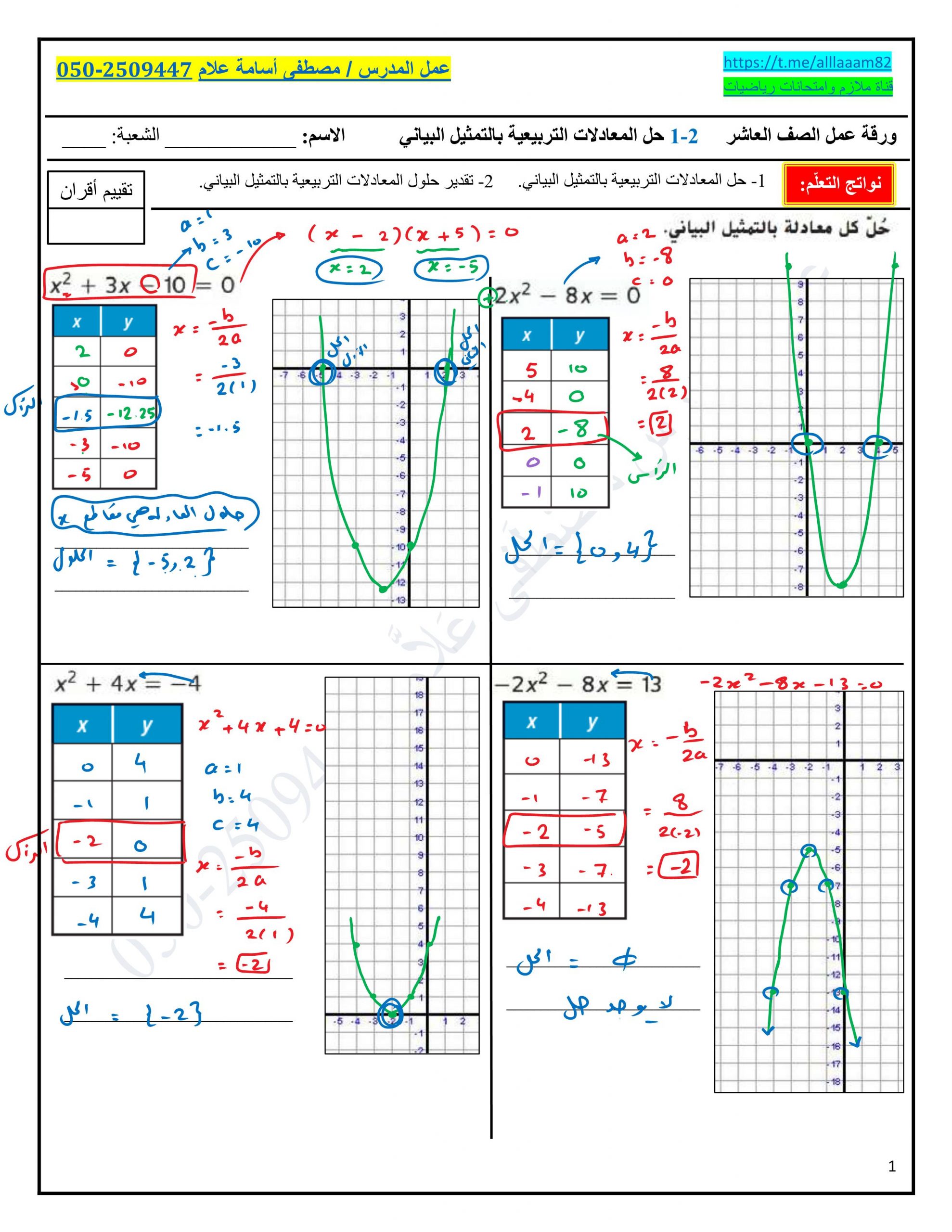 ورقة عمل حل المعادلات التربيعية بالتمثيل البياني مع الاجابات للصف العاشر مادة الرياضيات المتكاملة 