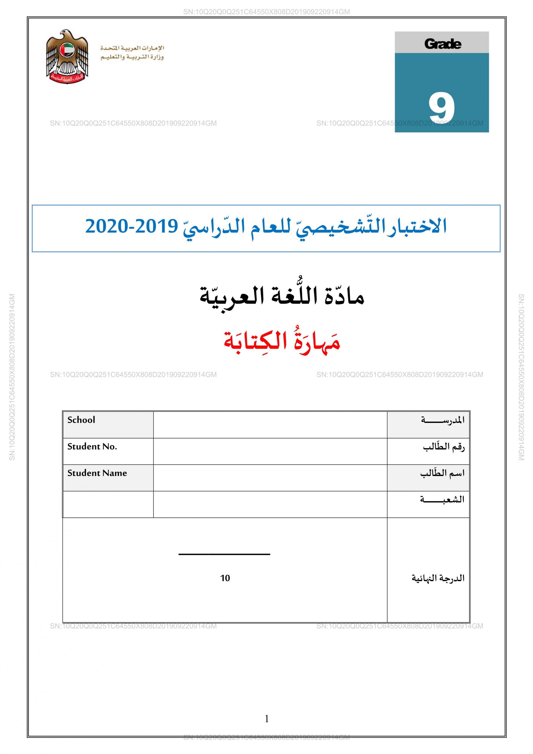 الاختبار التشخيصي مهارة الكتابة للصف التاسع مادة اللغة العربية
