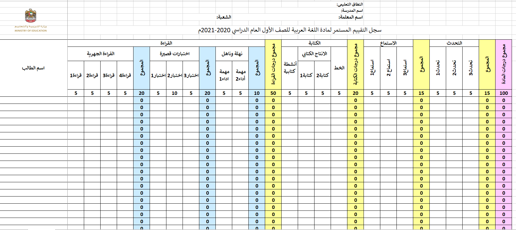 سجل التقييم المستمر الفصل الدراسي الاول للصف الاول مادة اللغة العربية