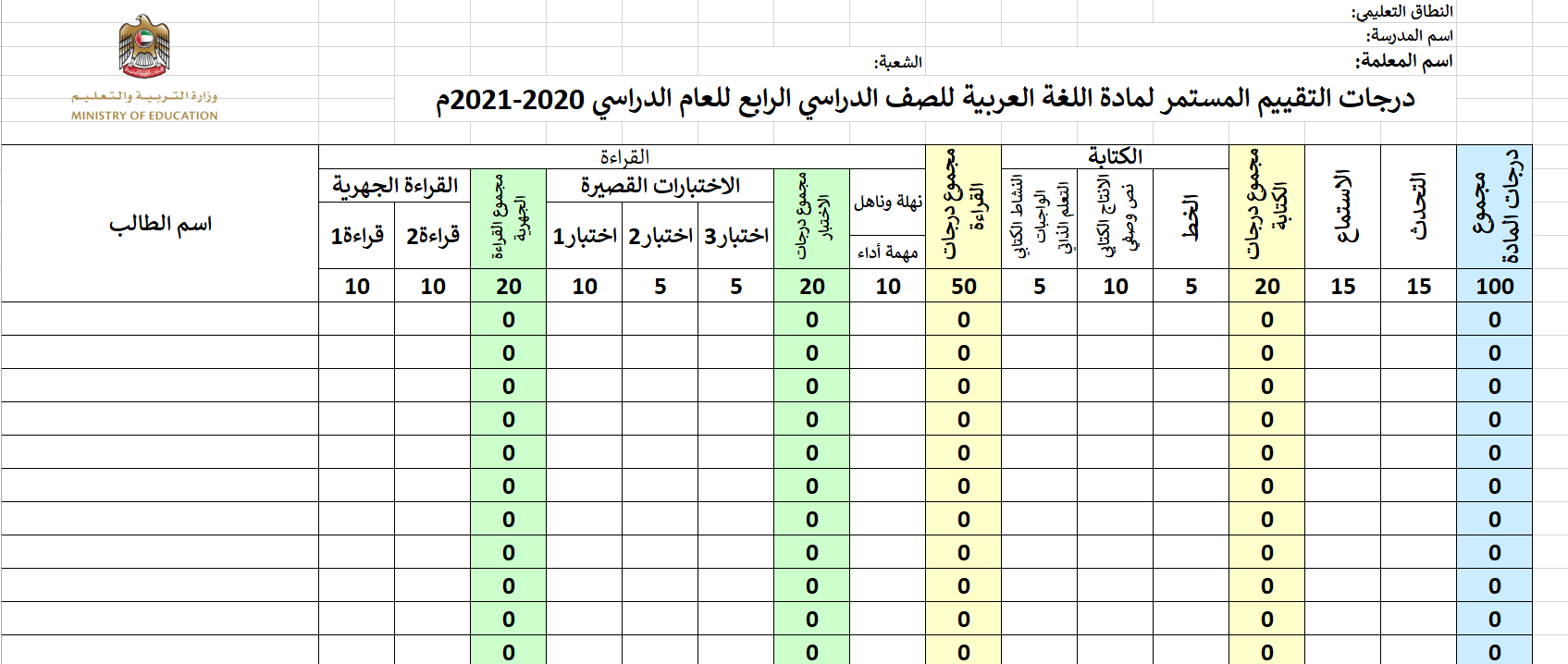 درجات التقييم المستمر الفصل الدراسي الاول للصف الرابع مادة اللغة العربية