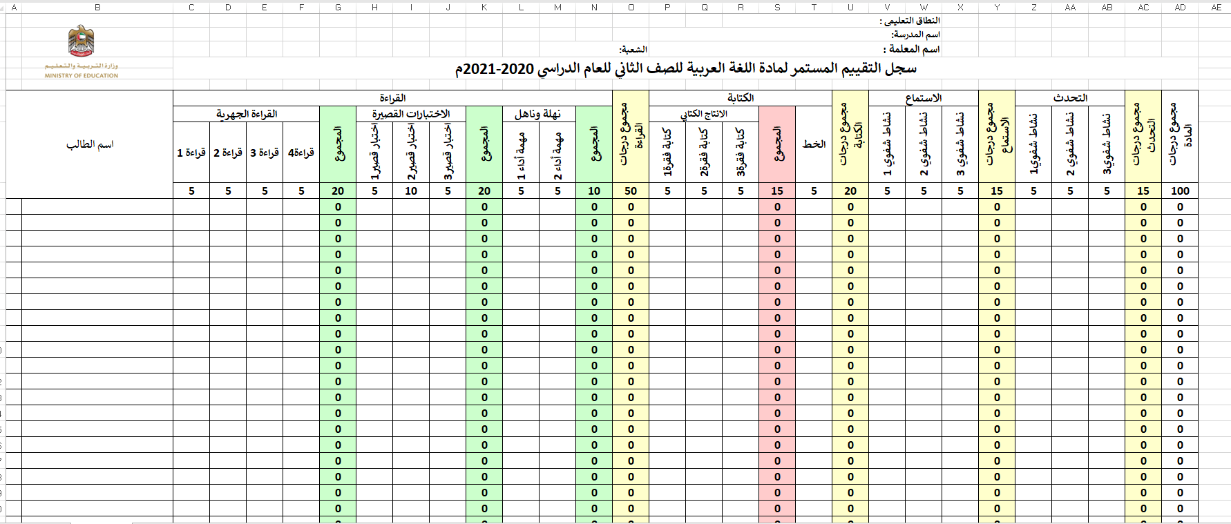 سجل التقييم المستمر الفصل الدراسي الاول للصف الثاني مادة اللغة العربية
