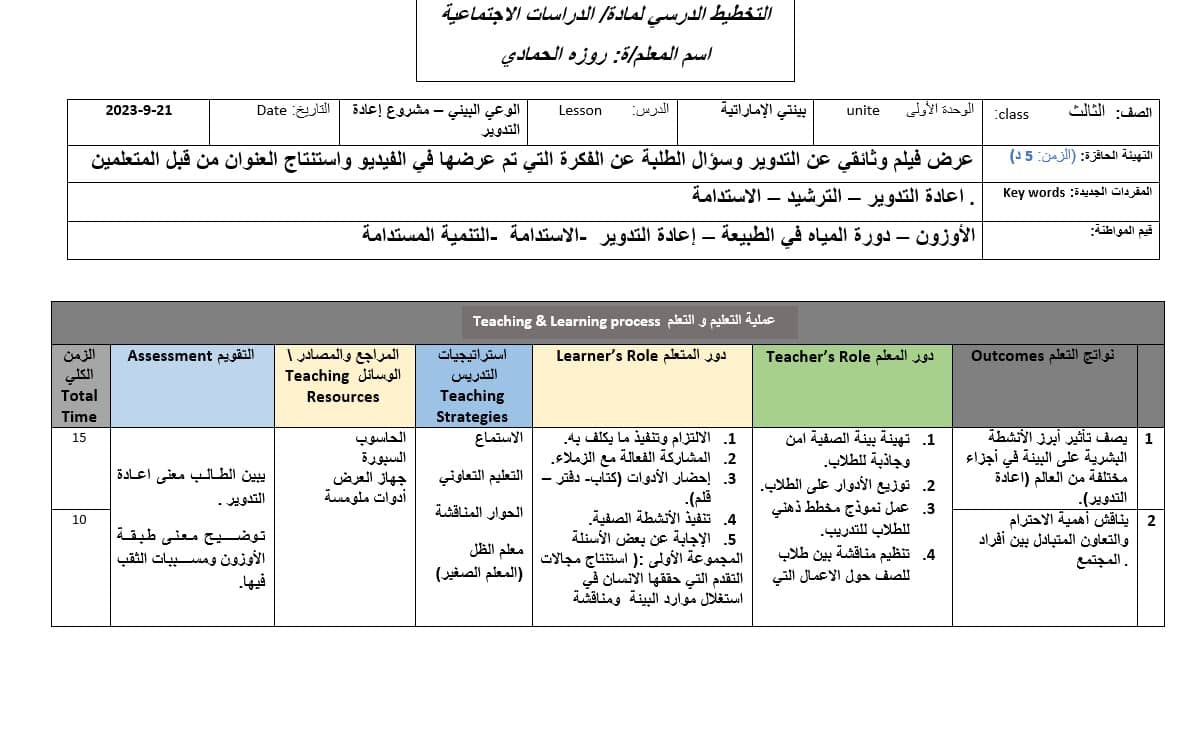 الخطة الدرسية اليومية الوعي البيئي إعادة التدوير الدراسات الإجتماعية والتربية الوطنية الصف الثالث 