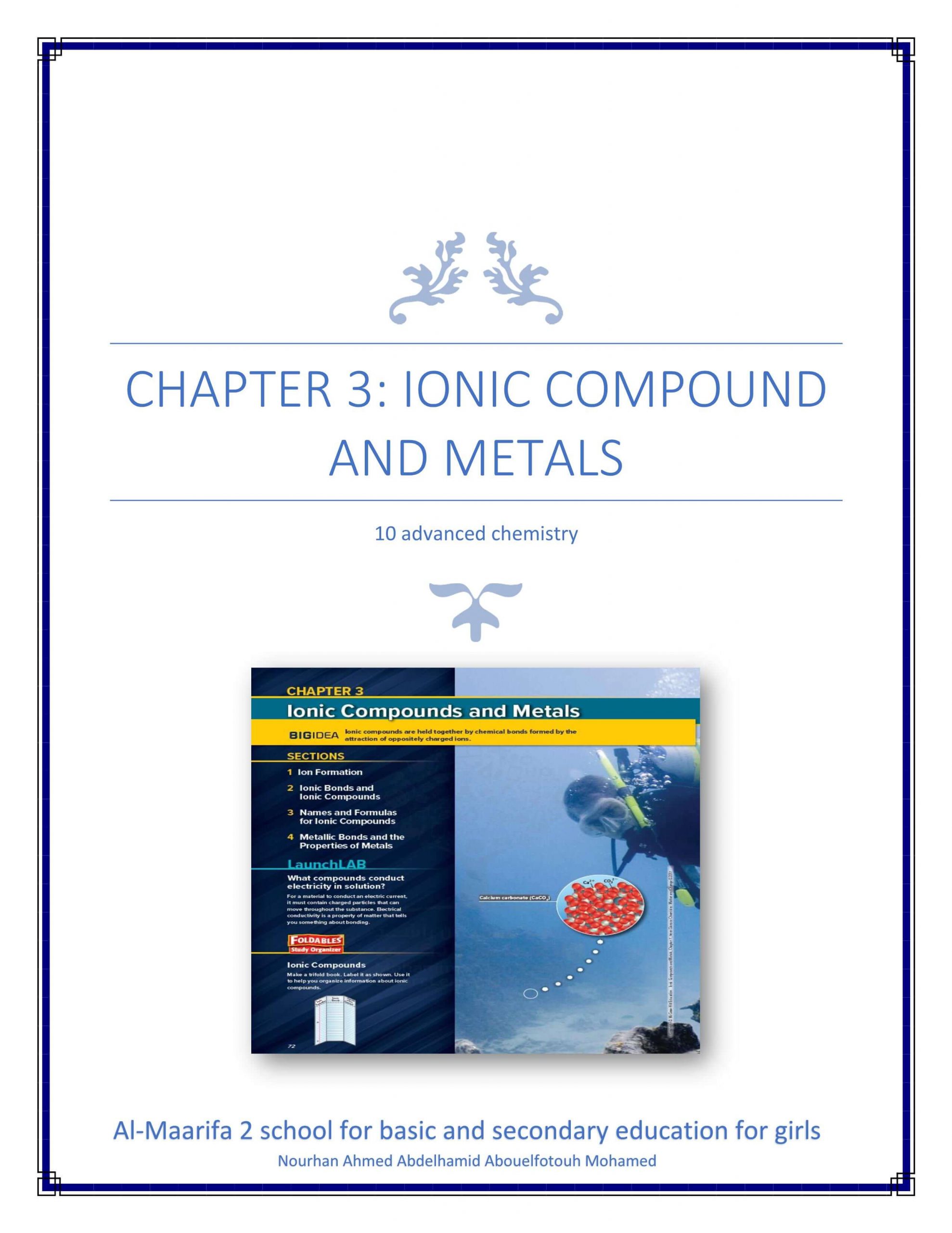 ملخص IONIC COMPOUND AND METALS بالانجليزي الصف العاشر متقدم مادة الكيمياء 