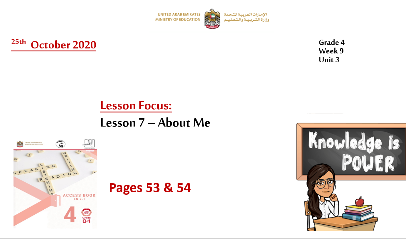 بوربوينت  Lesson 7 About Me Page 53 & 54 للصف الرابع مادة اللغة الانجليزية 